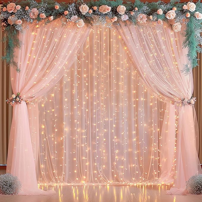 30x10ft Peach Tulle Backdrop Curtain with Lights String for Parites, Sheer Backdrop Curtains for Wedding Baby Shower Birthday Party Photo Shoot Decorations