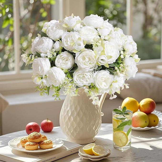 12 Bundles Peonies Artificial White Flowers Bouquet, Lifelike Silk Fake Peonies with Stems for Home Table Centerpieces, Wedding, Party & DIY Bridal Floral Arrangements (White)