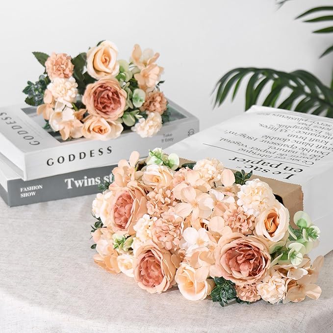 2 Bundles Champagne Peonies Artificial Flowers Silk Flower Centerpieces for Tables Fake Flower Arrangements Mixed Roses Hydrangea with Stems for Wedding Bridal Bouquets Home Table Decor