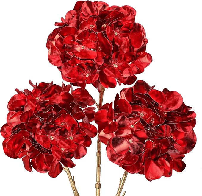 Hollyone 3Pcs Artificial Hydrangea Flowers Red Christmas Ornaments Flowers 26inch Fake Hydrangea Flower Floral Arrangements Bouquets Xmas Faux Hydrangeas Stems Wedding Party Christmas Home Decor