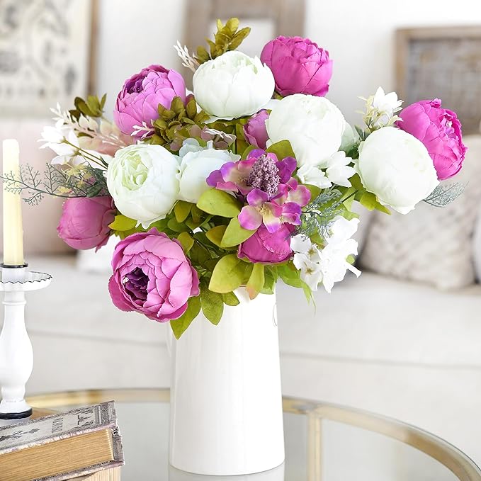 FiveSeasonStuff Vintage Artificial Peonies Silk Peony Flowers and Hydrangeas for Wedding Bridal Home Décor – Beautiful Floral Centerpiece Arrangement with 2 Bouquets (Bloom Purple and White Mix)