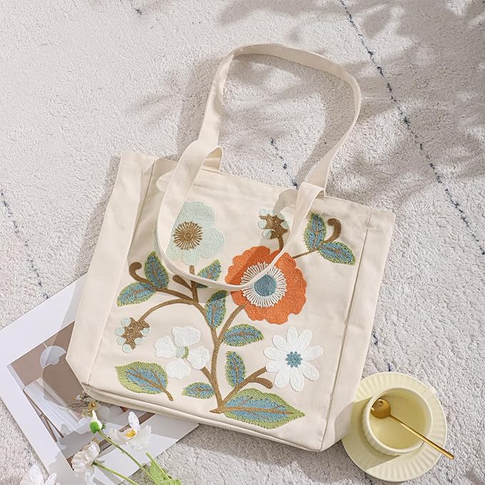 Aesthetic Embroidery Tote Bag for Lady Cute Reusable Canvas Shoulder Bag for Girls Women Shopping Grocery