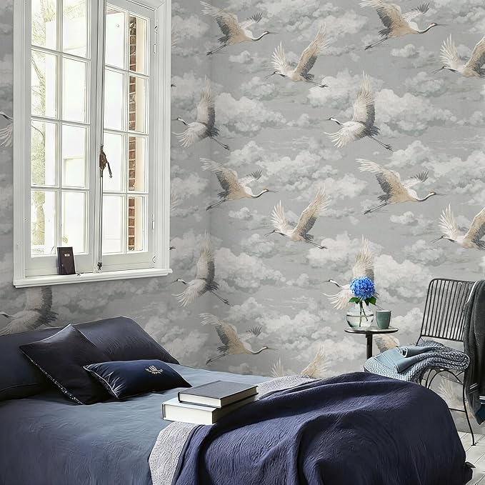 Peel and Stick Vintage Chinoiserie Animal Wallpaper Removable Grey Crane 17.7" x 236.22" Wall Paper Watercolor Self Adhesive Contact Paper for Classroom Bedroom Laundry Room Bathroom