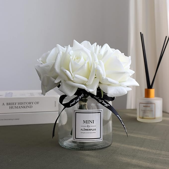 Artificial Flowers with White Roses in Vase, Fake Flowers in Glass Jar with Ribbon, Silk Flower Arrangements in Vase with Artificial Flowers for Home Dining Table Decor.