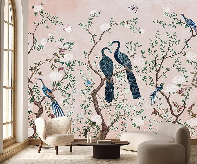 PYFFYP- Chinoiserie Pink Flowers and Bird Wallpaper Vintage Peacock murals for Living Room(Not Peel and Stick)