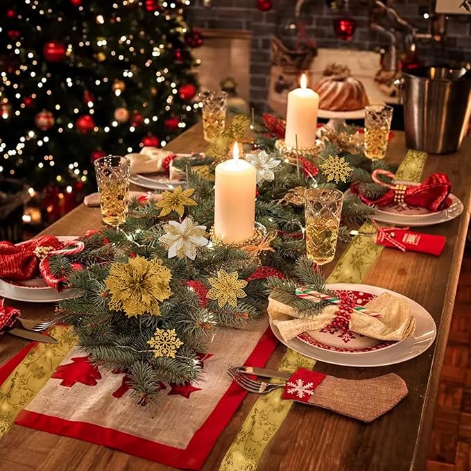 RECUTMS 72 Pcs Poinsettia with Snowflakes & Ribbon, 9 Designs Glitter Gold Artificial Christmas Flowers for Xmas Tree & Wedding Wreath Decor(Gold)