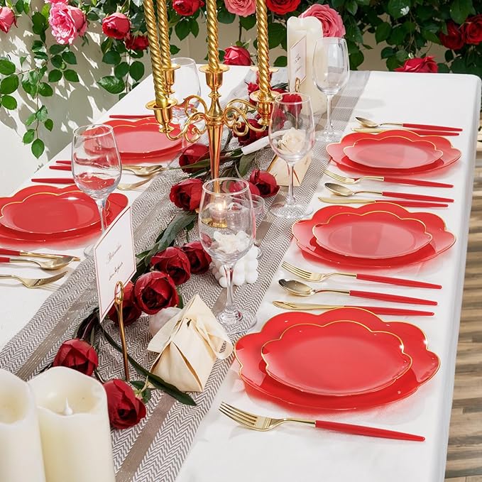 Supernal 102PCS Red Plastic Silverware, Gold Plastic Utensils with Red Handle, Gold Disposable Utensils Heavy Duty Includes 34 Forks, 34 Spoons and 34 Knives prefect for party, wedding & Mother's day