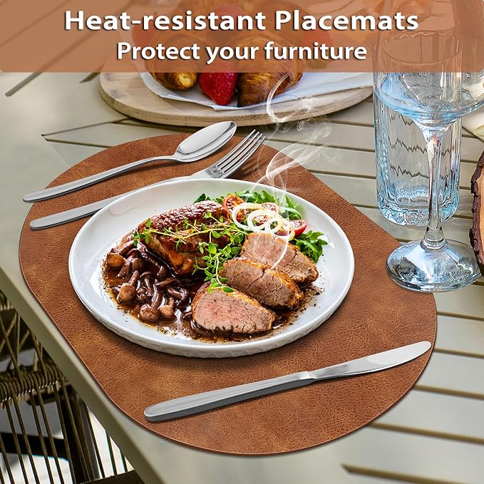 ADRIMER Placemats, Heat Resistant Oval Placemats Set of 8 Washable 12 x 17 Inch, Waterproof Table Mats, Wipeable Pu Place Mats for Kitchen, Dining Room, Turmeric Brown