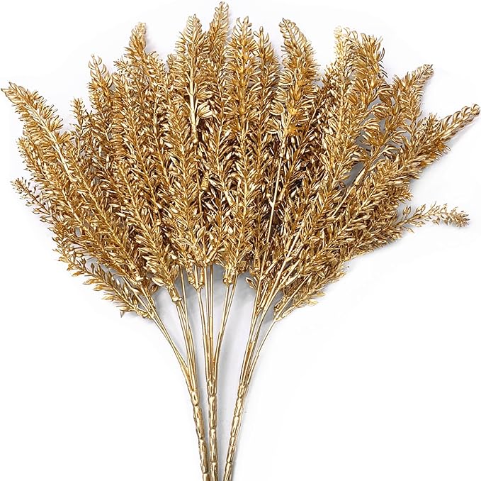 CATTREE Christmas Fake Plants, Artificial Plastic Grass Golden Shrubs Faux Lavender Leaves Simulation Bushes Home Indoor Wedding Decoration Hall Table Planter Filler Decoration - Gold 3 Pack