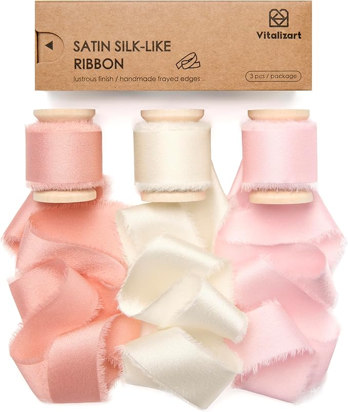 Vitalizart Silk Satin Ribbon 1 Inch x 15 Yard Wooden Spool Pink Handmade Frayed Ribbon for Gift Wrapping Baby Shower Wedding Bridal Bouquets Holiday Decor Hot Blush Pink