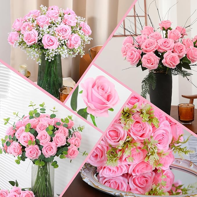 50PCS Artificial Silk Roses in Bulk & Bouquet Long Stem – Realistic Fake Roses for Wedding Centerpieces, Home Decor, Floral Arrangements, Party Decoration (Pink)