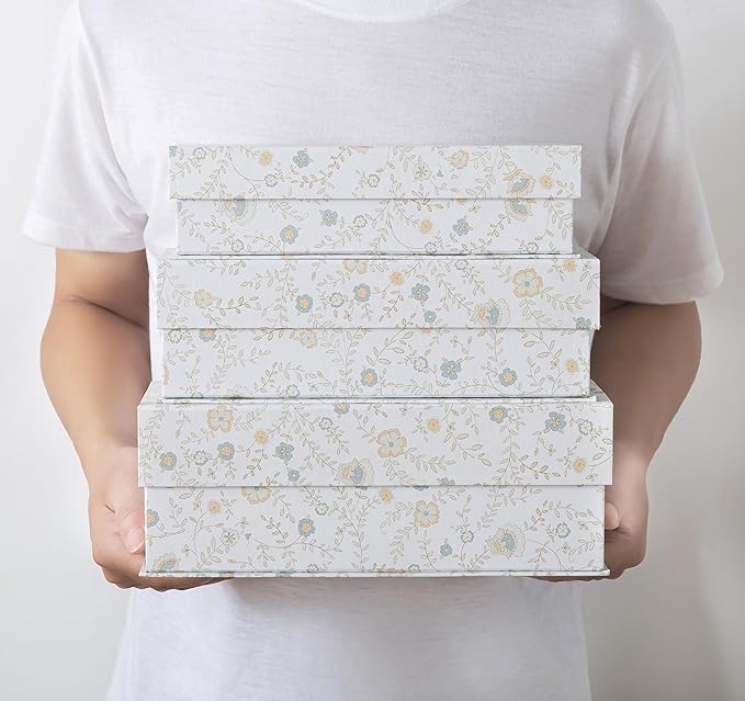 Soul & Lane Decorative Storage Boxes with Lids, Set of 3 Memory Keepsake Boxes with Magnetic Closure, Cardboard Storage for Photos, Documents, Gifts, Home Decor, Ivory Lace