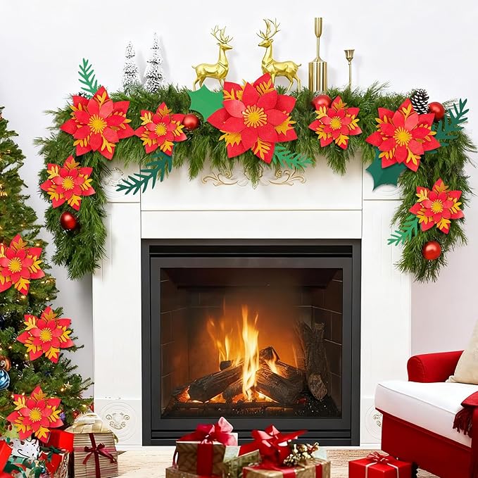 17PCS Christmas Paper Flower Wall Decoration Red Gold Poinsettia Large Flowers Artificial Christmas Flower Window Stickers Flower Window Wall Art Decals for Xmas Party, Living Room Door Xmas Tree