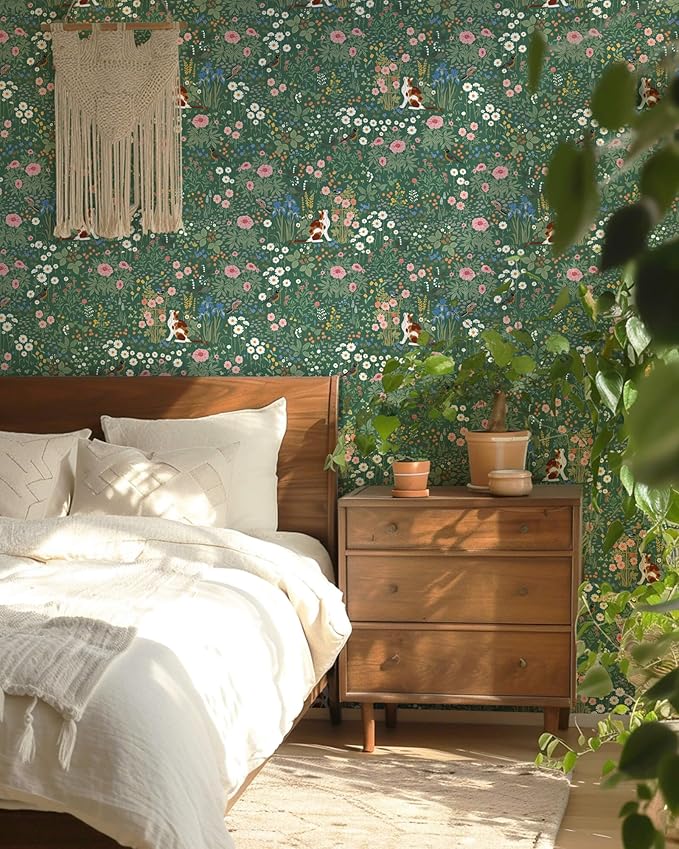 Heroad Floral Peel and Stick Wallpaper Green Wallpaper Boho French Country Contact Paper Vintage Cat Birds Removable Self-Adhesive Wall Paper for Bedroom Kitchen Cabinets Decoration Vinyl 17.3”x78.7”