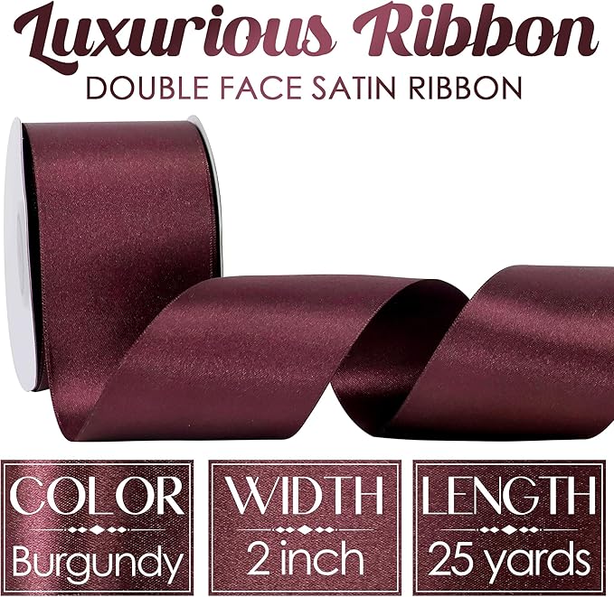 MEEDEE Satin Ribbon 2 inch Wide Double Faced Burgundy Ribbon for Christmas Tree, Crafts, Weddings, Flower Bouquet