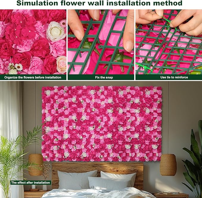 Artificial Flower Wall Backdrop 16pcs 16.5x16.5 Inch Silk Rose Floral Panels Ideal for Wedding Celebrations, Festive Party Backdrops, and Elegant Home Decor-Pink and Rose Red