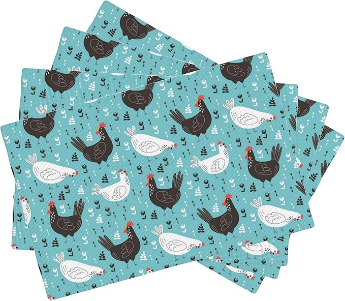 Lovely Roosters Placemats Set of 4,Hens 12x18 Inch Non-Slip Washable Heat Resistant Linen Fabric Table Mats,Place Mats for Holiday Party