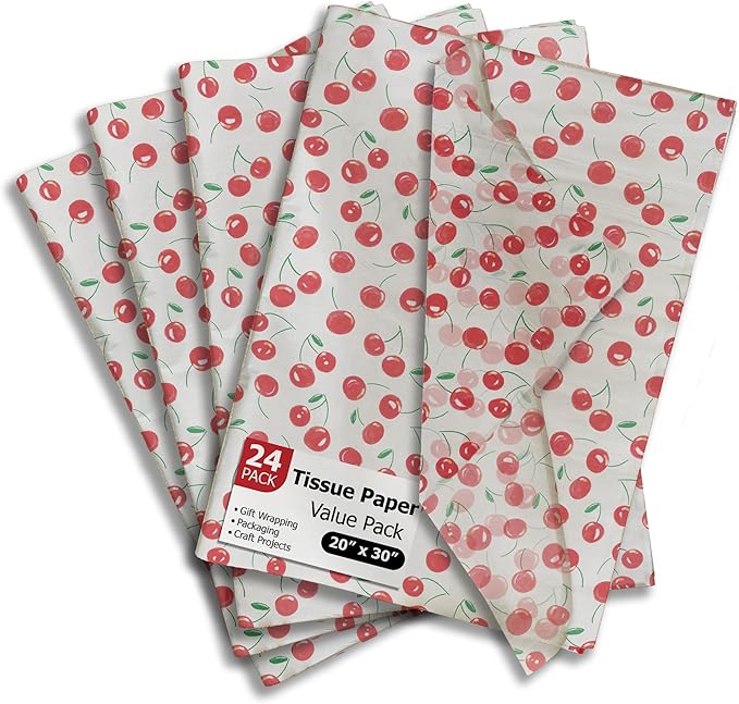 Pro Supply Global - Bulk Elegant Spring Cherries Tissue Paper Wrapping Gift Bag Crafts DIY Project Party Decorations Packaging - Creative Uses for Wedding Birthday & Holiday Events - 24 Sheets 20"x30"