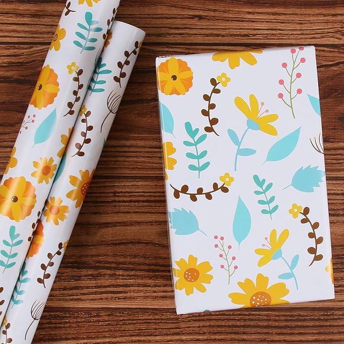 Aimyoo Floral Wrapping Paper Jumbo Roll 17 in x 60 ft, Blue Orange Flower Gift Wrap for Wedding Bridal Shower Birthday