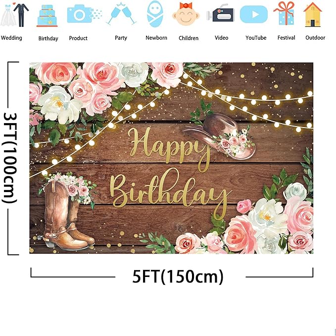 SVBright Cowgirl Western Birthday Backdrop 5Wx3H Rustic Country Wooden Plank Pink Flower Floral Retro Happy Birthday Baby Shower Hat Plant Decorations Photography Background Banner Photo Booth Studio