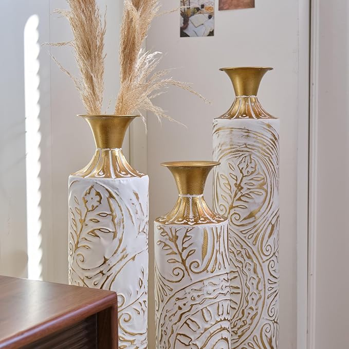 Floor Vases, Tall Home Decor Metal Vase Set of 3 Large Glazed Decorative Vases for Wedding Decor, Elegant Modern Flower Holder for Living Room, Entryway, Hallway, Dining Room