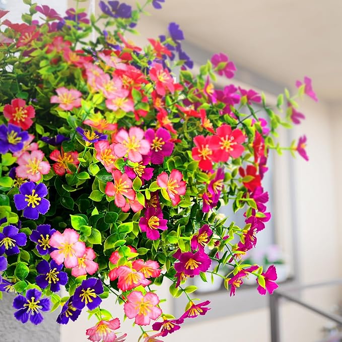 Artificial Faux Plants Flowers Outdoor Decoration,16 Bundles Fake Silk Colorful Daisy Eucalyptus Realistic UV Resistant for Outside Home Planter Porch Patio Yard Decor (red, white, pink,purple, green)