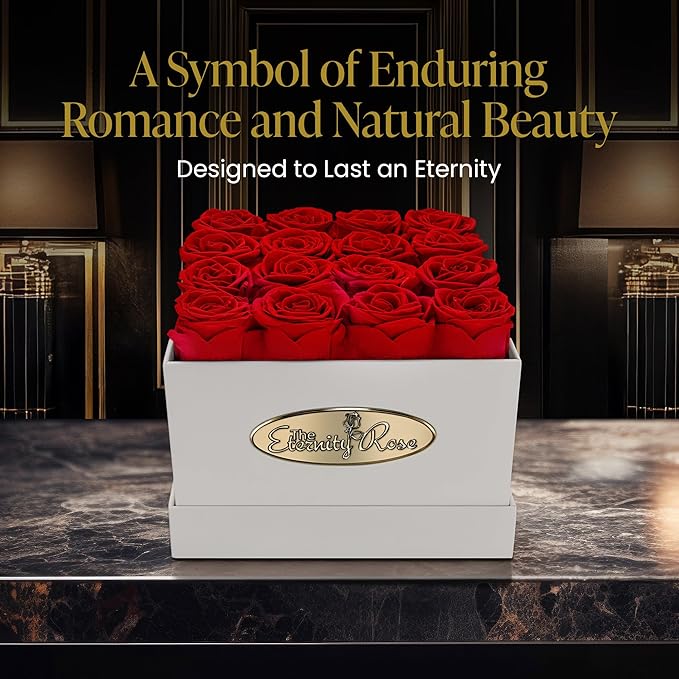 The Eternity Rose 16-Piece Preserved Roses in a Luxury Gift Box – Real Roses in Square White Box – A Valentine’s Gift as Everlasting as Your Love