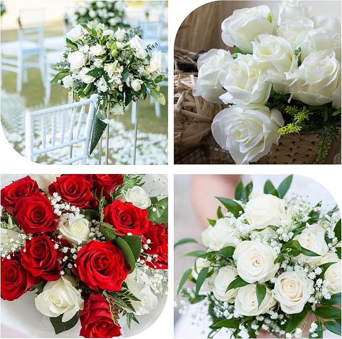 White Roses Artificial Flowers Bulk, 52Pcs Fake Roses White Flowers, DIY Silk Faux Roses Bouquet, Realistic White Faux Flowers Mohter's Day Valentine's Day Decor