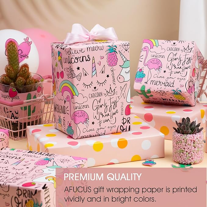 Afucus Reversible Pink Unicorn Wrapping Paper, Flamingo, Rainbow and Polka Dot Themed Gift Wrapping Paper, Cute Mini Rolls for Birthday, Baby Shower, Boys, Girls, Kids, Christmas (17 Inch X 33 Feet)