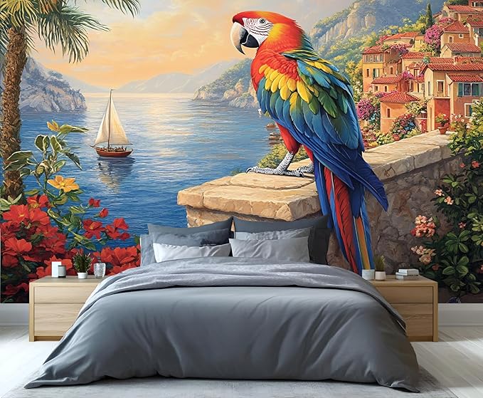 Macaw Parrot Wall Mural, Coastal Mediterranean Parrot 3D Wall Murals, Sunset Seaside Village Scene Wallpaper Mural, for Living Room Bedroom Large Wallpaper Indoor Decor 157.5" W x110.3 H