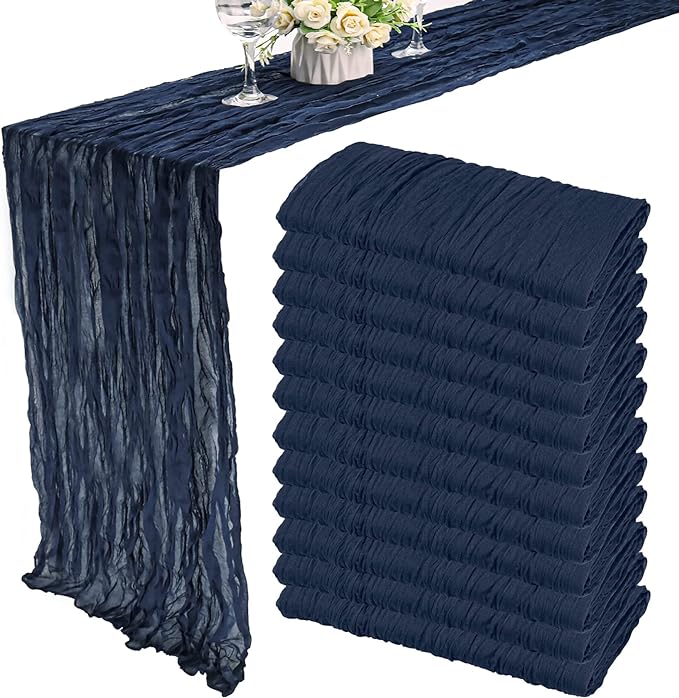 12 Pack Cheesecloth Table Runner 35x72 Inch Boho Gauze Table Runner Rustic Cheese Cloth Long Romantic Table Runners for Wedding Bridal Shower Birthday Party Table Decor (Navy Blue)