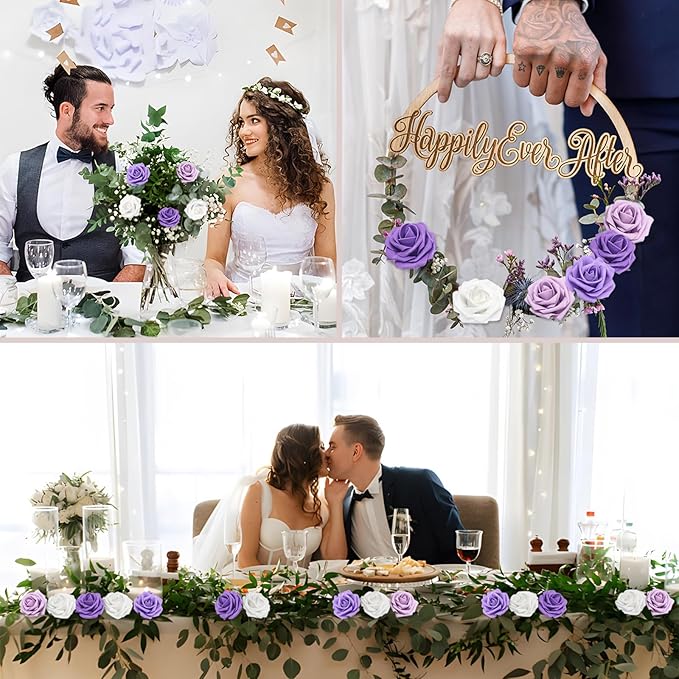 Artificial Flowers 100PCS Purple Roses Real Looking Lilac Foam Fake Roses with Leaves and for DIY Wedding Bouquets Bridal Shower Centerpieces Party Decorations (Purple Series, 100)