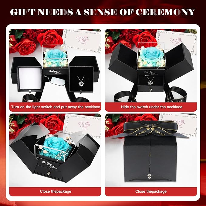 FIACO Gifts for Women Preserved Real Roses with I Love You Necklace Fresh Forever Flowers Birthday Gifts for Mom Grandma Wife Girlfriend on Anniversary Christmas Valentines Romantic Gift