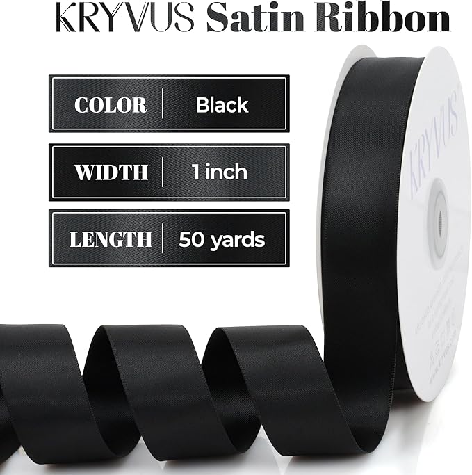 Double Faced Black Satin Ribbon, 1 Inch X 50 Yards Polyester Ribbon for Gift Package Wrapping, Crafts, Bow Making, Sewing, Flower Bouquet, Wedding Party Decor