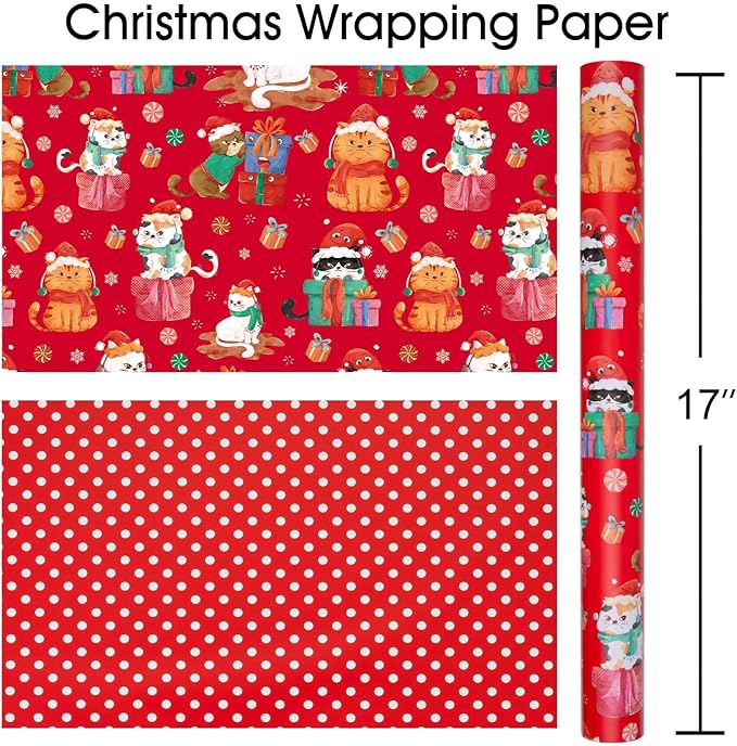 MAYPLUSS Christmas Wrapping Paper Roll - 17 Inch X 33 Feet - Cute Cat Christmas Hat Reversible Polka Dot Gift Wrapping Paper, Thick Wrap Paper for Holiday Party New Year Kids