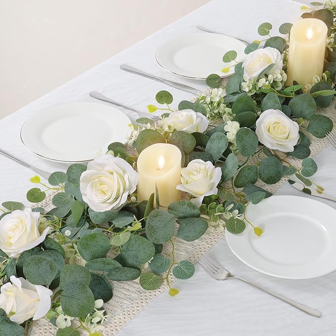TOCHGREEN 2Pcs(13 Ft) Artificial Eucalyptus Flower Garland with White Rose Flowers,Faux Rose Vine Gypsophila Greenery for Home Party Wedding Table Decor (White, 2PCS)