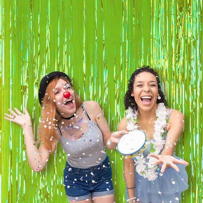 4 Pack 3.3x8.2 Feet Neon Green Foil Fringe Backdrop Curtains, Tinsel Streamers Birthday Party Decorations, Fringe Backdrop for Graduation, Baby Shower, Gender Reveal, Disco Party