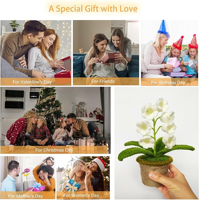Lily of The Valley Lamp, Crochet Artificial Flower with 7 Little Night Lights, Cute Gifts for Women Wife Girlfriend Birthday Christmas Valentine Mother's Day -Medium