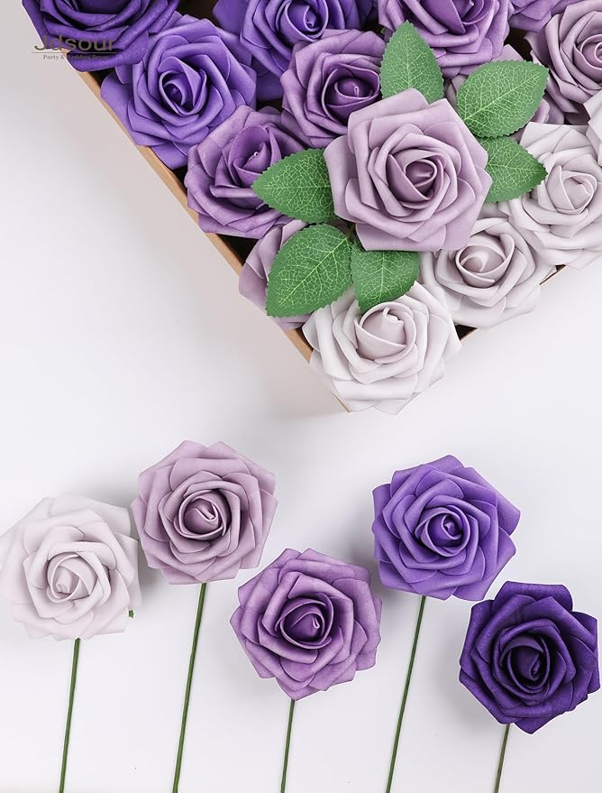 25pcs Artificial Flower，Real Looking Foam Roses w/Stem for DIY Wedding Bouquets Centerpieces Bridal Shower Party Decor-Shades of Series Purple