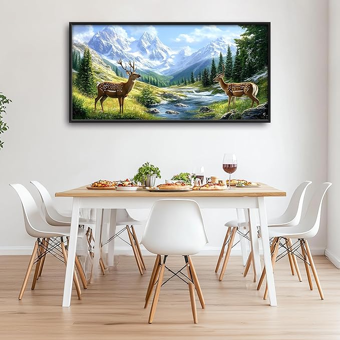 Mountain Forests Deer Large Wall Art Framed Farmhouse Wall Decor for Living Room Rustic Elk Pictures Oversized Canvas Print Painting Modern Extra Large Framed Artwork for Bedroom Office 60"x30"
