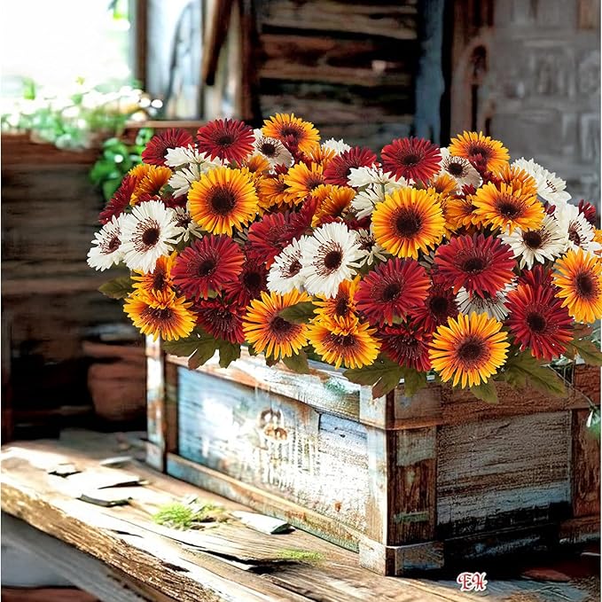HUAESIN Artificial Fall Mum Flower for Outdoors 2 Bundles Autumn Cemetery Flowers Silk Daisy Bulk Plants for Home Porch Patio Farmhouse Thanksgiving Porch Garden Pots Planter Decor