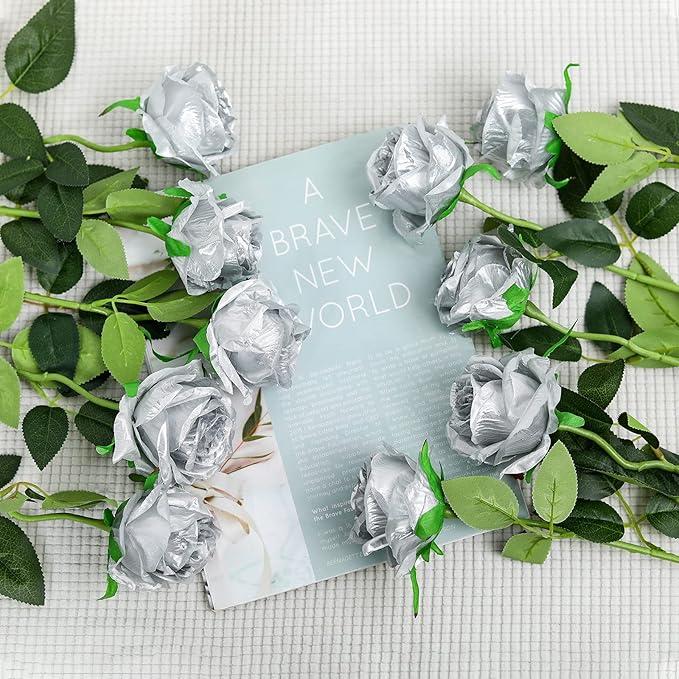 Hawesome 12PCS Artificial Silk Flowers Realistic Roses Bouquet Long Stem for Home Wedding Decoration Party (Silver 1)