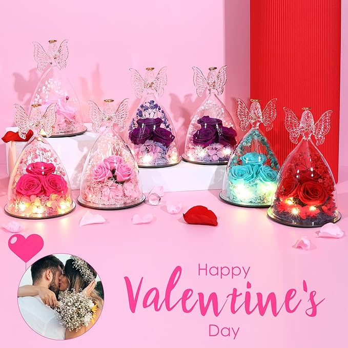 Christmas Rose Gifts for Women Preserved Real Flower in Glass Angel Figurines Roses for Delivery Prime Birthday Gifts for Mom Grandma Girlfriend Wife Her, Dark Blue