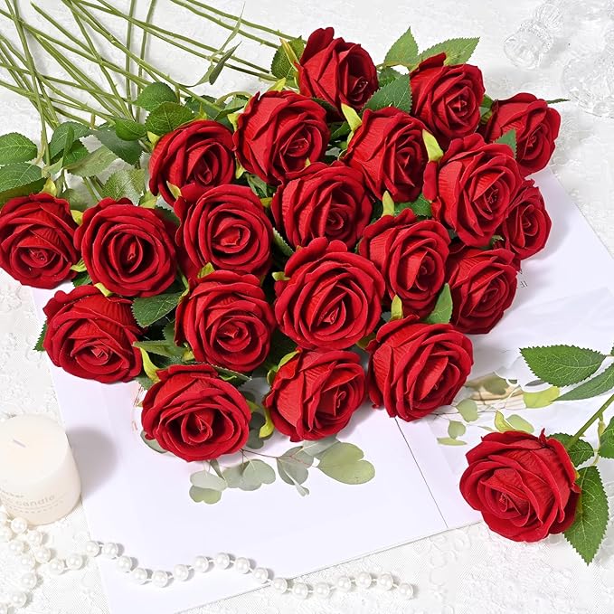 Waipfaru Red Roses Artificial Flowers Bulk, Real Touch Velvet Roses with Wrapping Paper, 50 Pcs Fake Flowers for Wedding Centerpieces Bridal Bouquet Valentines Mothers Day Decor