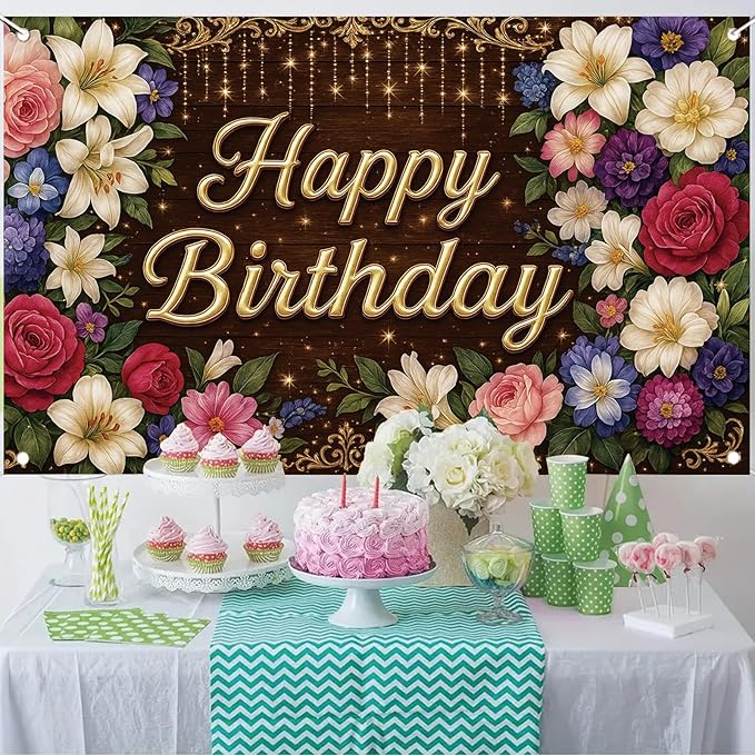 Rustic Wooden Gold Letter Happy Birthday Backdrop Banner for Women Girls Flowers Photography Background Decoration Wedding Baby Shower Decor Photo Booth Studio Props Supplies 6x4ft