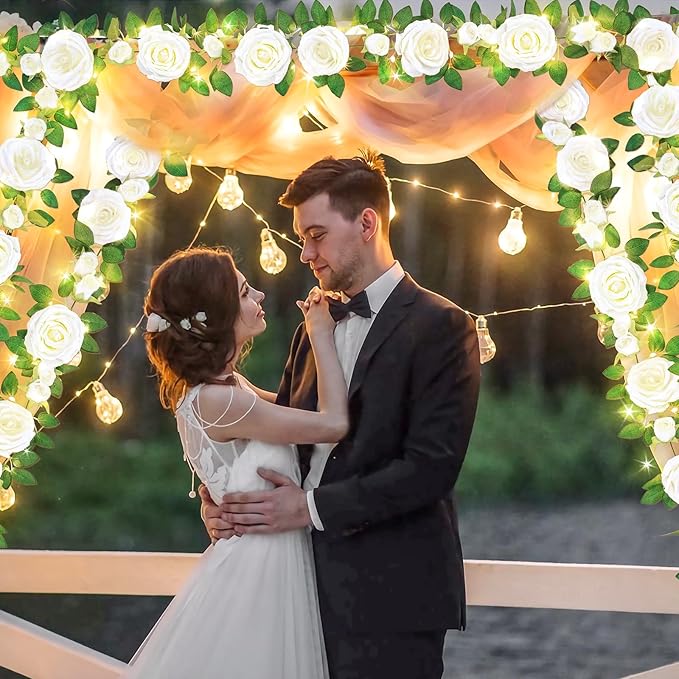 4 Pcs Flower Garland with 39.2 Ft Lights, 26.4 Ft White Floral Garland Fake Flowers for Wedding Arch Party Wall Garden Room Decor