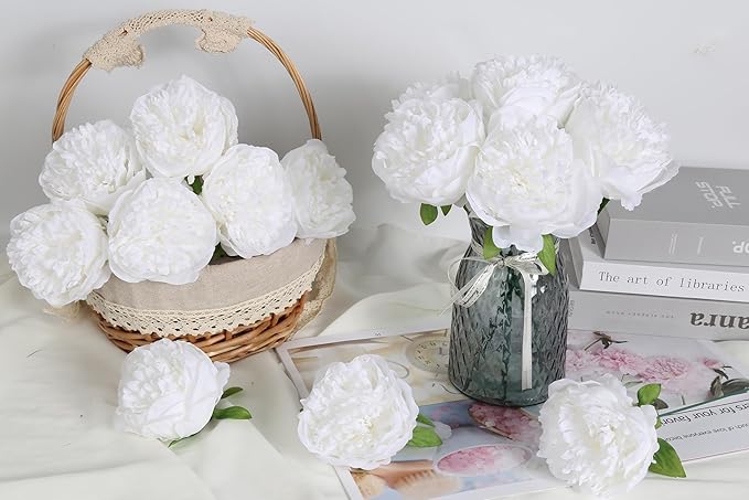 Peony Artificial Flowers 16pcs Fake Peonies Bulk White Silk Flowers Faux Peony Flowers Silk Peonies Heads with Stem Realistic Flowers for Home Wedding Party Festival Decor (Pure White)