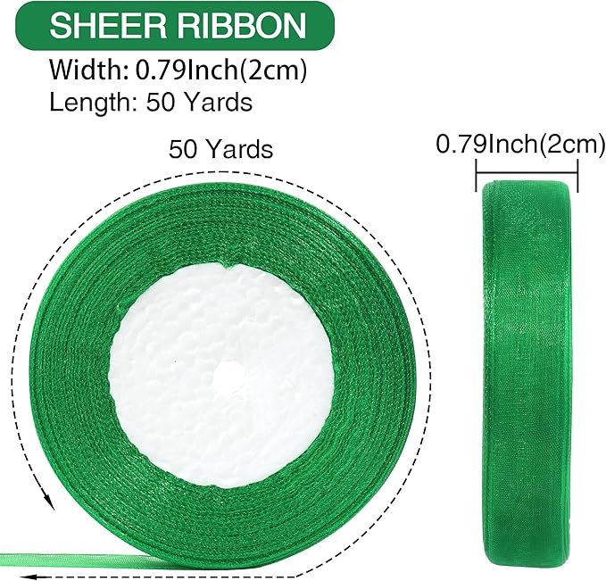 3/4 Inch x 50 Yards Sheer Organza Ribbon Chiffon Ribbon for Gift Wedding Flower Bouquet Wrapping Decorations Crafts (Green)