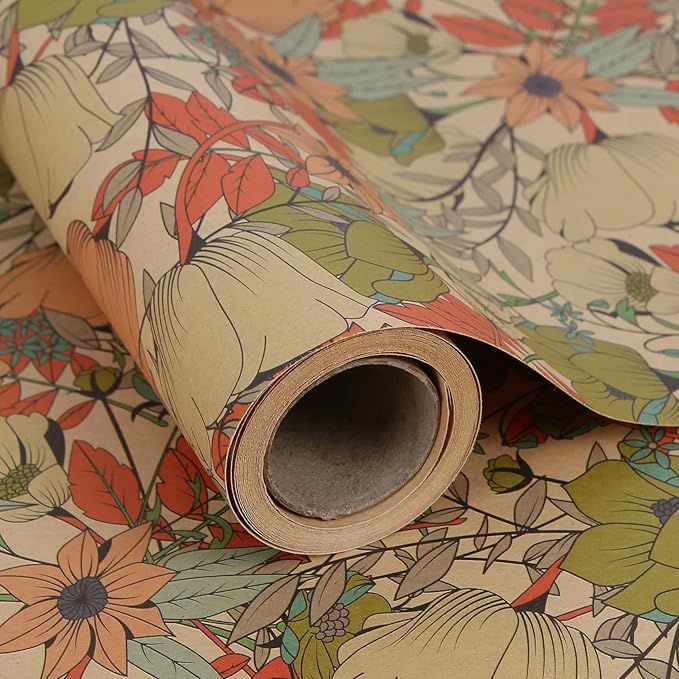 Aimyoo Kraft Floral Wrapping Paper Roll - Mini Roll - 17 Inch x 16.4 Feet - All Occasion Vintage Flower Gift Wrap Paper for Mother's Day Wedding Birthday Bridal Shower