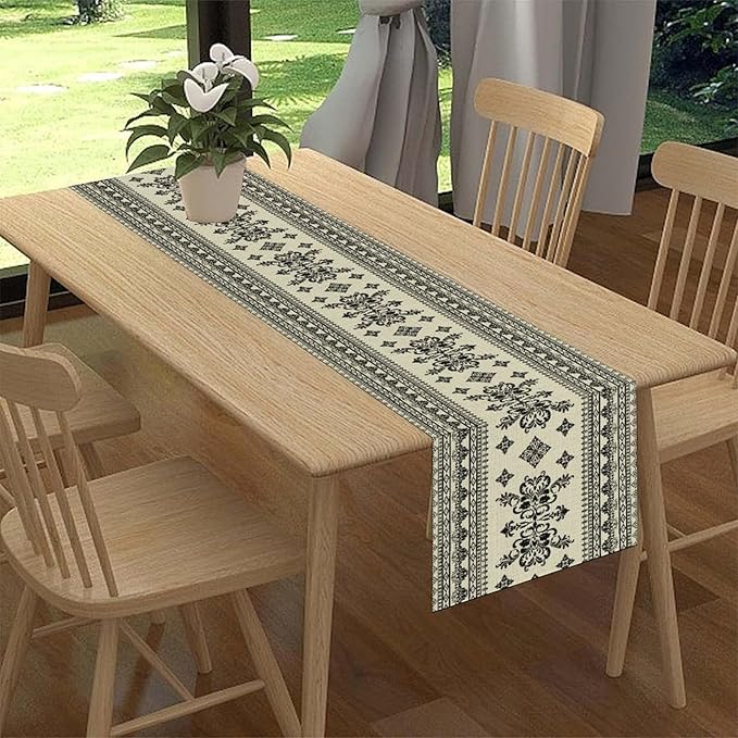 Black Floral Table Runner, Rustic Damask Antique Floral Retro Boho Art Linen Coffee Table Center Decor for Family Kitchen Farmhouse Holiday Party Table Decorations Indoor Outdoor 13x72 inch